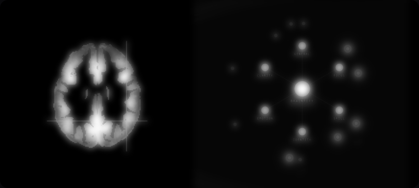 A Braintity memory graph: interconnected nodes labeled with personal memories and categories on a dark background