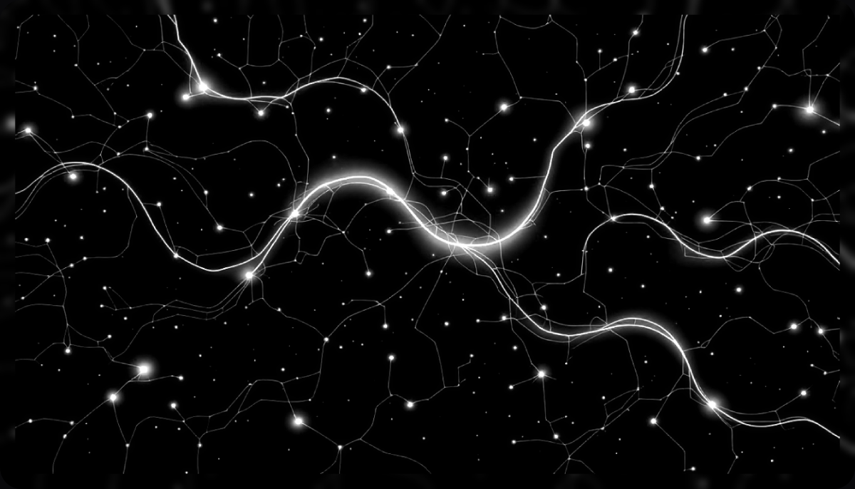 Abstract visualization of neural pathways — a tangled chaotic cluster on the left, a clean ordered graph structure on the right